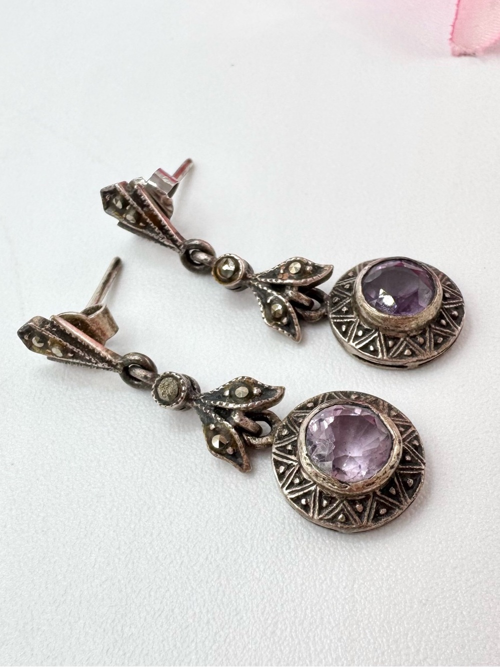 Vintage Amethyst Marcasite Silver Art Deco Style Drop Earrings Floral Tested